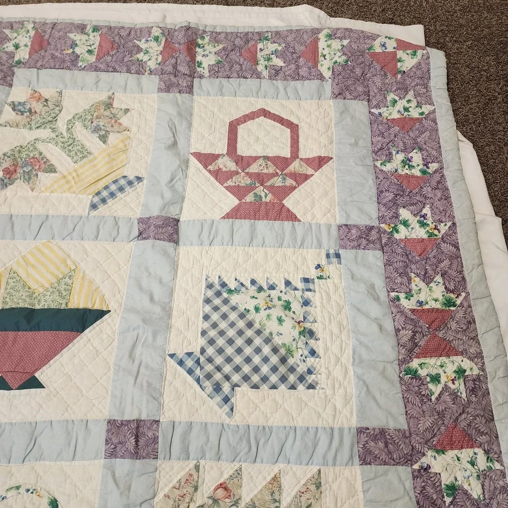 Vintage‎ Quilted Patchwork Baskets, Flowers, Purple, Blue 56x46. See Photos!!